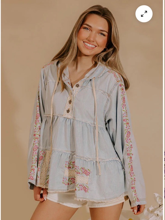 POL Tops - POL Embroidered Chambray Top with Hoodie Cottagecore Boho Cotton Small